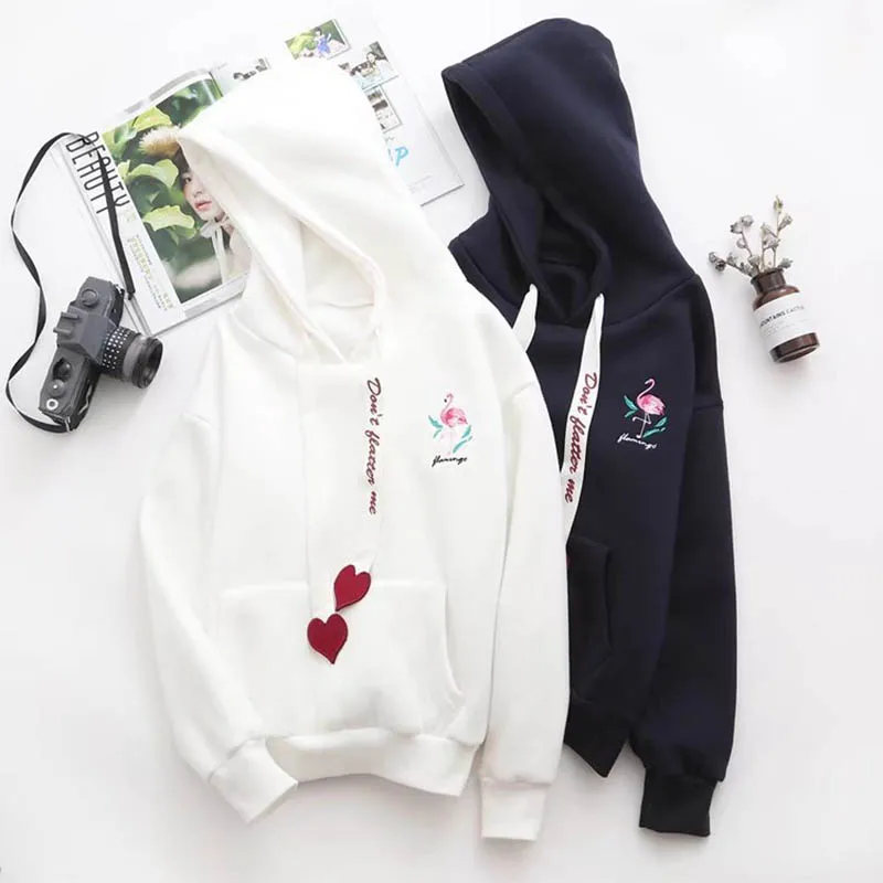 

Spot * real shot chic ~ embroidery flamingo plus velvet love letter tie hooded Flamingo hoodies Rollkragen Trainingsanzu