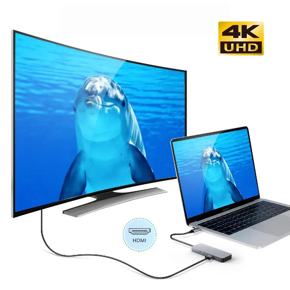 7 в 1 type C адаптер с USB C зарядным портом 4K USB C к HDMI USB3.0/USB2.0 порты TF/SD кардридер