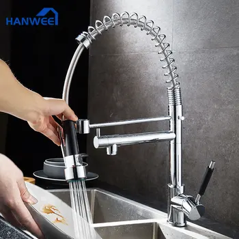 Chrome Spring Kitchen Faucet Pull Down Side Sprayer Dual Spout Single Handle Mixer Tap Sink Faucet 360 Rotation Kitchen Faucets chrome spring pull down spray kitchen sink faucet single handle one hole mixer tap