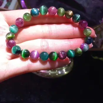 

Certificate Natural Colorful Tourmaline Bracelet 8.2mm Cat Eye Round Beads Brazil Women Fashion Crystal AAAAA