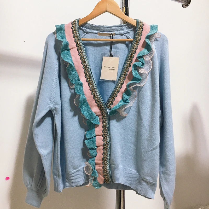 Best Price Korean version of the wild fungus against the color lace stitching knitted cardigan 19 winter new small fresh lazy windy sweater