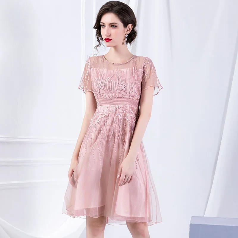 

2020 Early Round Neck Nail Beads Embroidery Mesh Dress Gao Waist Slimming Elegant Temperament Short Sleeve A Word Skirt