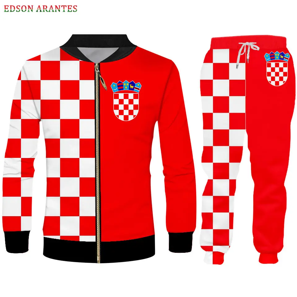 Custom S-6XL Croatia Flag Men's Sportwear Sets Luxury 3d red white Grid Print Zipper Jackets Hoodie T-shirt Tank Joggers Pants (4)