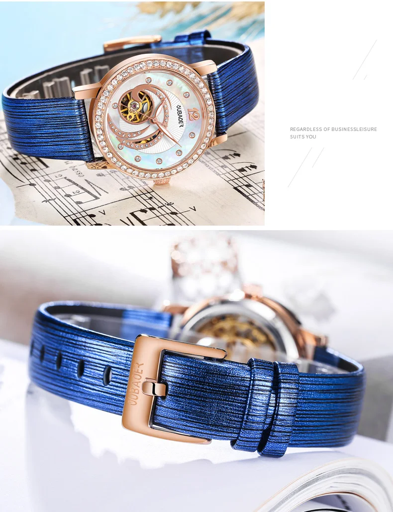 OUBAOER Women Bracelet Watches Ladies Mechanical Automatic Wristwatches Leather Strap Diamond Dial Luxury Fashion Female Watch