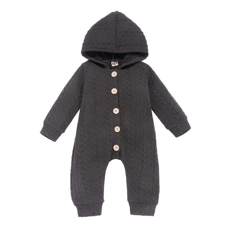 0-24M Newborn Kid Baby Girl Boy Clothes set Knitted Hooded Romper Plain Solid Sweater Jumpsuit Cute Winter Warm Sweet Outfits - Color: Gray