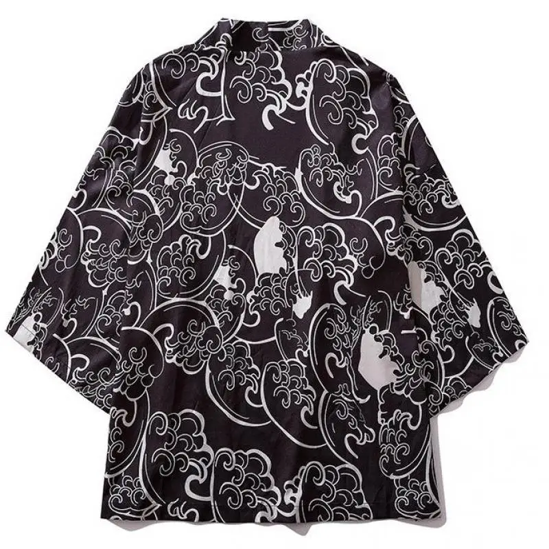 

Cool Print Men Streetwear Japanese Kimono Cardigan Casual Haori Yukata Male Samurai Costume Summer Thin Blouse Shirt Beach Tops