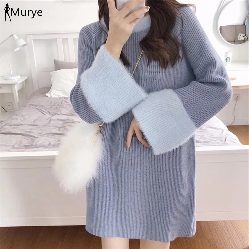 Cena Zimowy sweter z dzianiny sukienka z długim rękawem kobiet sweter wełniany Oversize różowy Mini sukienka koreański moda 2019 tunika odzież damska