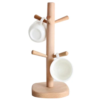 

HLZS-Wood Kitchen Storage Rack Mug Rack Tree Removable Bamboo Mug Stand Storage Coffee Tea Cup Organizer Hanger Holder with 6 Ho