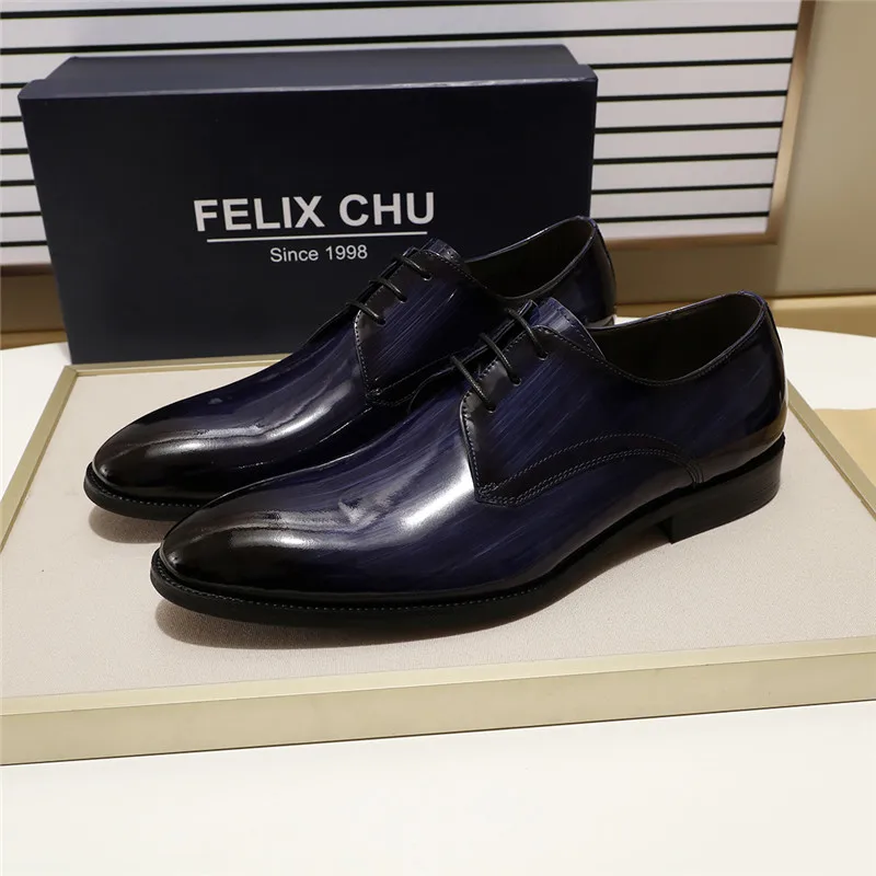 Blue FELIX CHU/мужские туфли «Дерби»; Цвет черный, синий; свадебные модельные туфли из лакированной кожи с плоским носком; мужские деловые туфли на шнуровке - Цвет: Blue