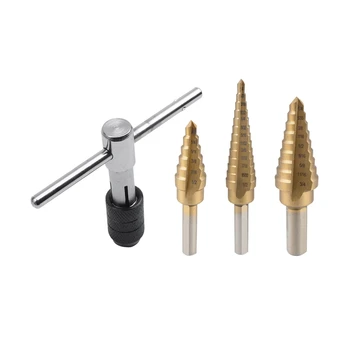 

6Pc Tap Wrench T Handle Sure Grip Chuck Metric Set M6 to M12 & 3x Titanium Step Drill Bit Set High Speed Steel