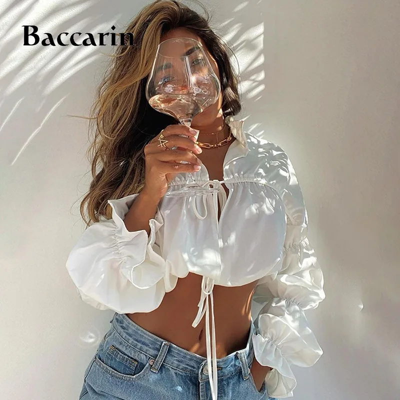 

Baccarin Lace Up Hollow Out Women Crop Top Blouse Puff Long Sleeve Ruffle Elegant Party Autumn Winter Clothes Drawstring Shirts