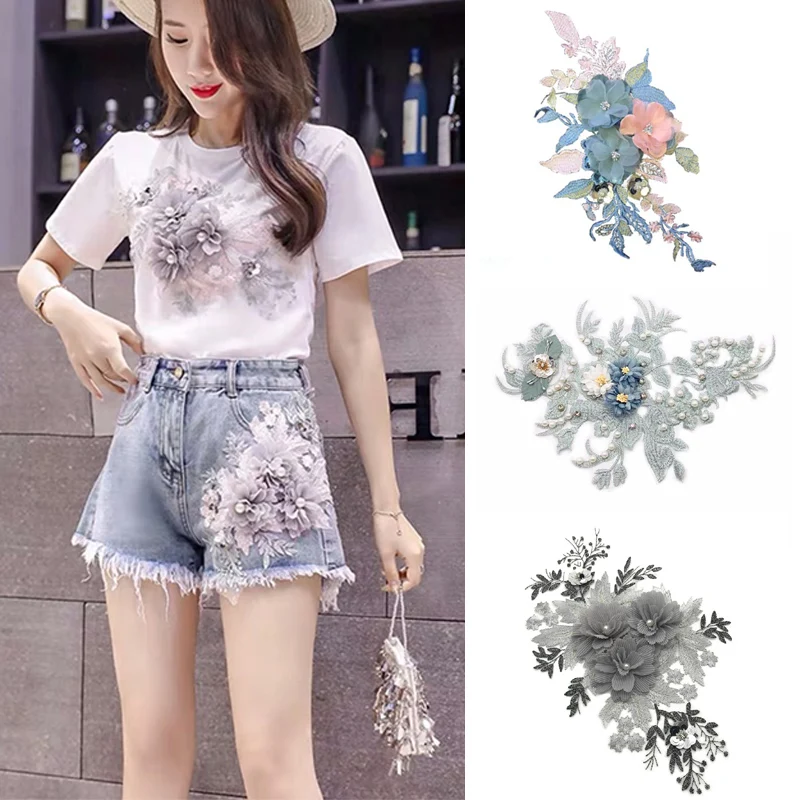 

3D Flowers Lace Fabric Sequins Appliques Lace Trims Patch Embroidery Mesh Sew On Patches For Wedding Decoration DIY