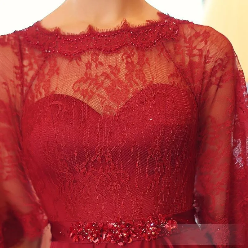 Халат de soiree длинное вечернее платье стиль Горячая vestido de festa longo вечерние Формальное вечернее платье с красным кружевом, с накидкой; платье для мамы; обувь под свадебное платье для невесты