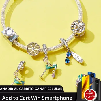 

bamoer 2020 Summer Holiday New Design 925 Sterling Silver Green Enamel Cactus and Lemon Beads Charm for Original Silver Bracelet