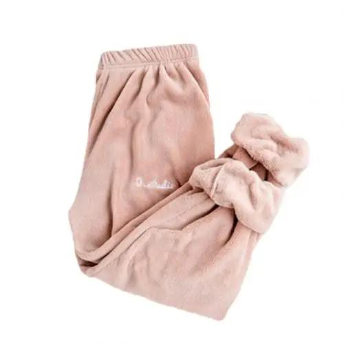 Леди сплошной цвет эластичный пояс лодыжки галстук теплый коралловый флис пижамы брюки - Цвет: Розовый