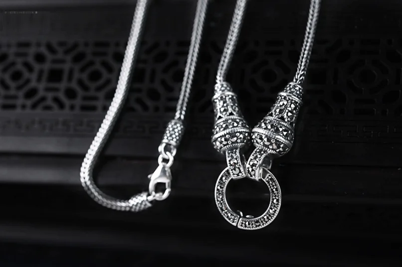 Real Silver Long Chain Retro Necklace Women S925 Sterling Silver Marcasite Stone Pendant Necklace Thai Silver Necklace Jewelry