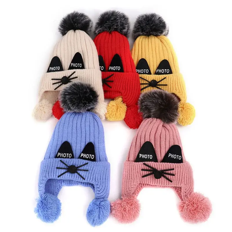 Вязанная шапка-ушанка с толстой плюшевой подкладкой для малышей, милые Мультяшные кошачьи уши, помпон, детская зимняя шапка с манжетой