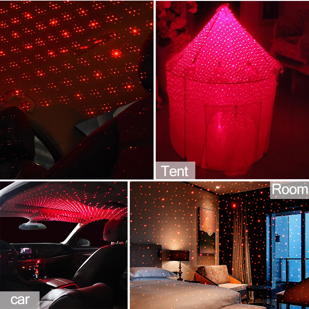 Upgrade USB Night Lights Adjustable Romantic Starry Projector Car Interior Ceiling Lights Car Bedroom Camping Party Decor Light Sound Control Strobe Green