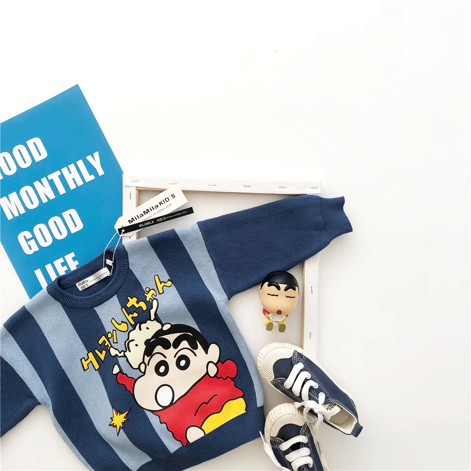 Tonytaobaby/новая осенне-зимняя одежда для мальчиков и девочек; детская одежда; свитер из чистого хлопка в полоску с рисунком; детские свитера