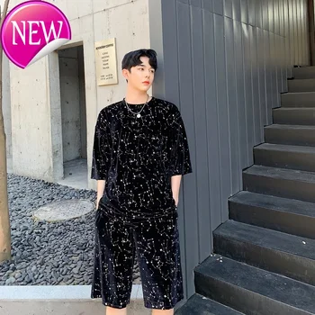 

Sets Men Summer (tshirt+shorts) Velour Drill Bling Casual Male Streetwear Hip Hop Punk Short Sleeve T Shirt Tops Tees Shirts