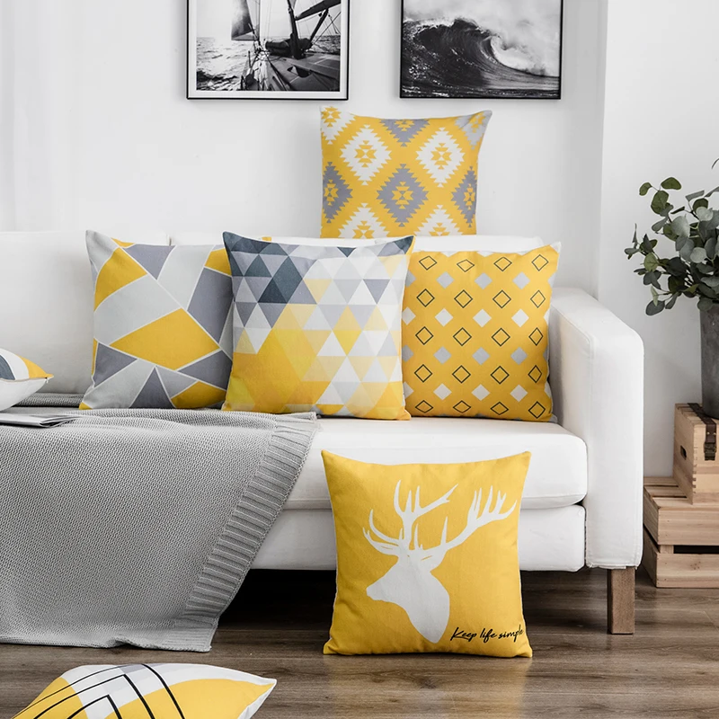 Nordic Yellow Gray Geometric Pillow Cover Home Decorative Pillows Geometry Deer Linen Pillow Case Cushion Cover Cojines Almofada