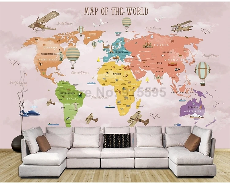fundo de parede para casa e avião com mapa do mundo rosa