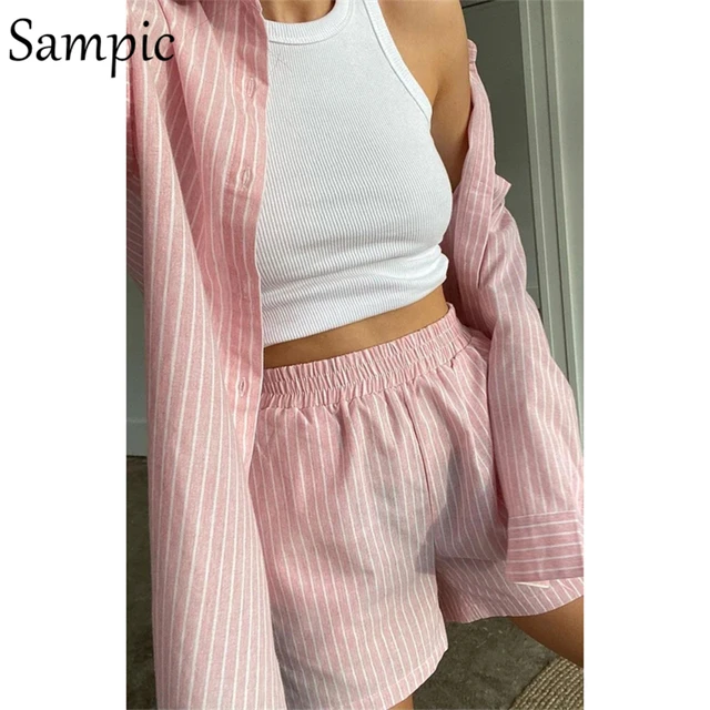 Sampic Loung Wear Tracksuit Women Shorts Set Stripe Long Sleeve Shirt Tops And Loose High Waisted Mini Shorts Two Piece Set 2021 3