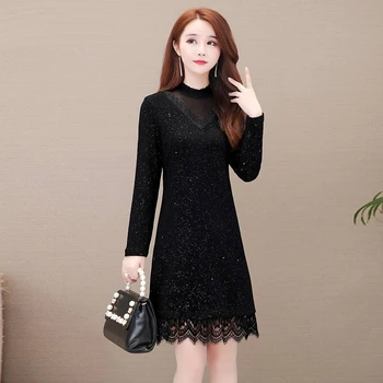 

Fashion Dress Women Vestidos Sexy Long Sleeve Sheer Mesh Patchwork Lace Bodycon Casual Work Dress