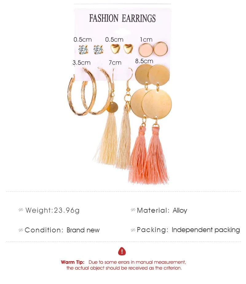 Hot Sales Set Ear Stud Ethnic-Style Series Tassels Geometry Heart Earrings Ear Stud Women's