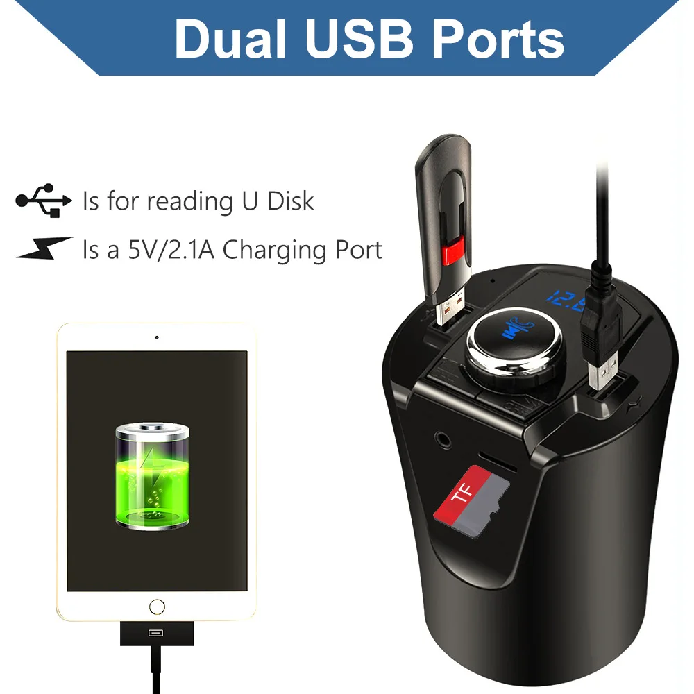 Multi Function Dual USB Ports Car Charger Cup Holder 5V 2.1A Cigarette Lighter bluetooth Car Kit FM Transmitter Support TF card