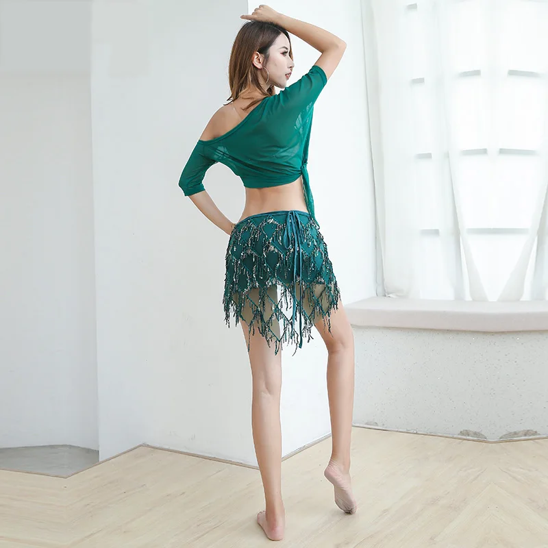 Green Танец живота Марля косой плечо кисточкой блестка сексуальный танец живота 2 шт набор для женщин Цыганский костюм представление носит FF9603 - Цвет: Green