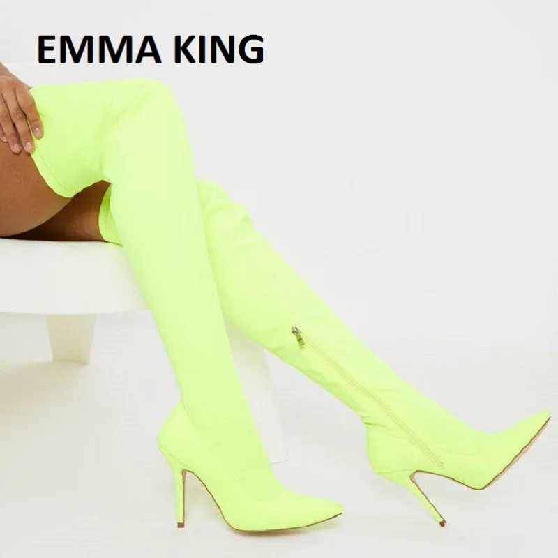 

EMMA KING 2019 New Neon Lime Thigh High Sock Boot High Heel Over-The-knee Women Boots Thigh High Sexy Fetish Long Boots