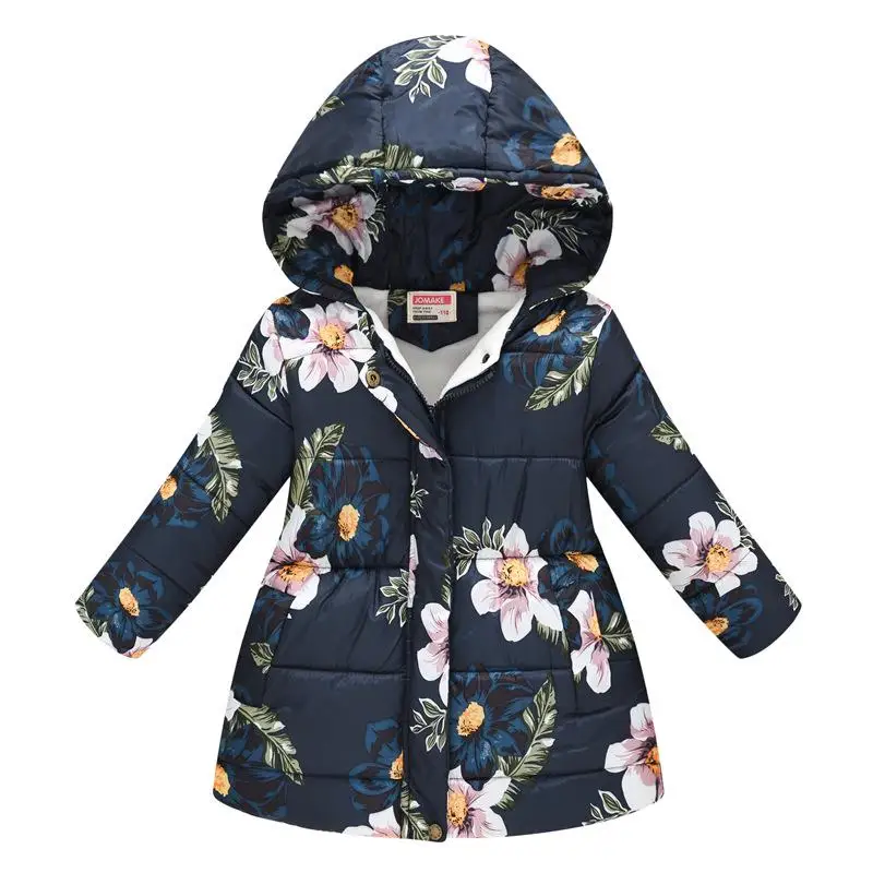 Winter Cotton Clothes 4-8y Girls Printed Floral Long Jacket Children Zipper Hooded Clothing Tops Big Girls Outerwear Parka - Цвет: navy