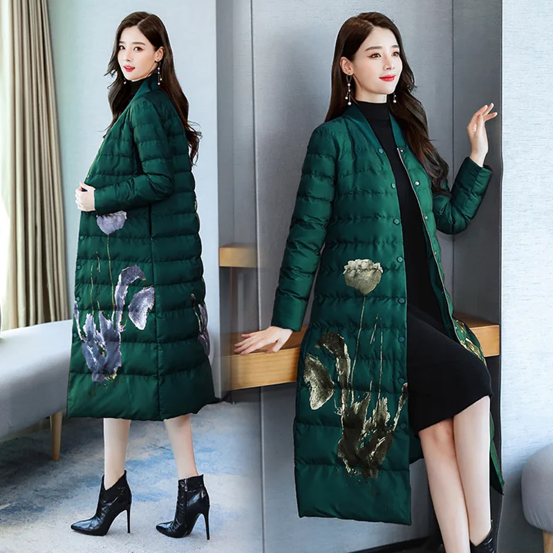 

Printed V-neck down Jacket Cotton-padded Clothes Coat Women's 2019 Winter Korean-style New Style Fashion Mid-length Long over-th