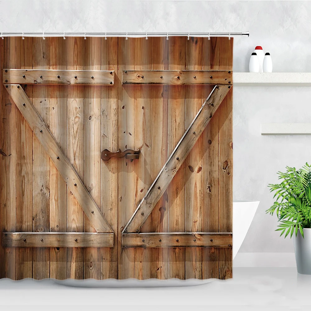 Shower Curtains Retro Rustic Wood Doors Shower Curtains Vintage Farm Barn Old Door Home Decor Waterproof Polyester Fabric Bathroom Curtain Set