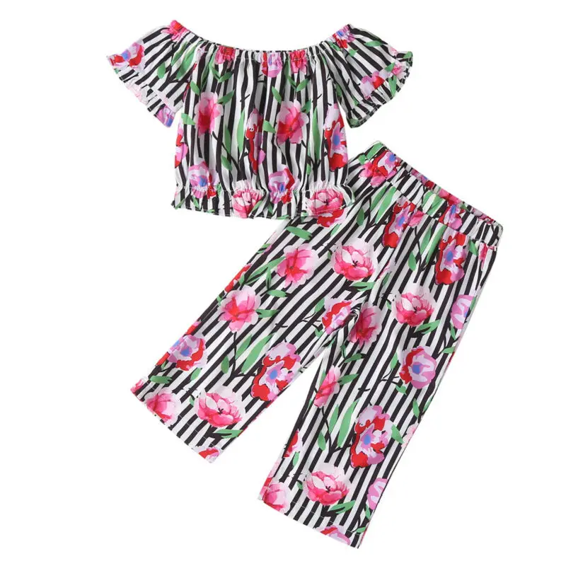 1-5Y Toddler Baby Girl Flower Clothes Sets Striped Print Off Shoulder Tops+Long Pants Outfits 2pcs Set | Детская одежда и обувь
