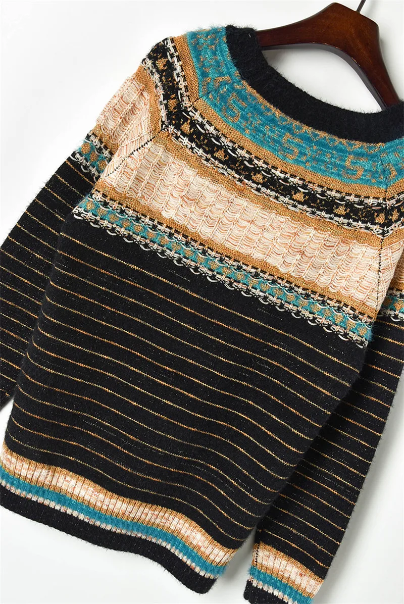 Подиумный женский Вязанный свитер, наборы, осень, полосатый Свободный пуловер, свитер+ высокая талия, мини вязанная юбка, Женский комплект из 2 предметов