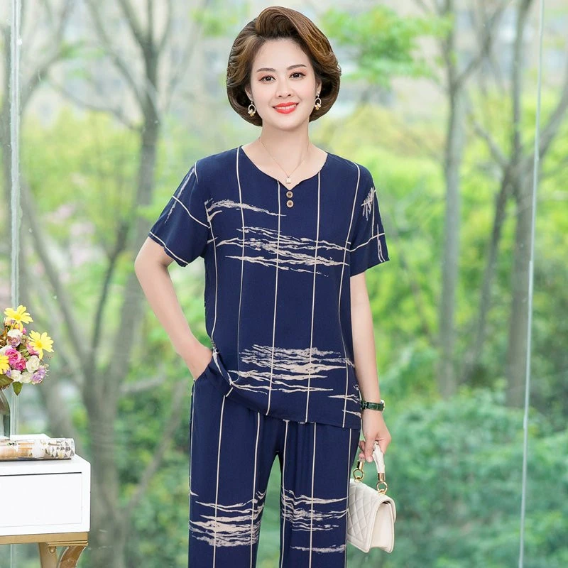 2 Piece Sets Women Summer T-shirt and Pants Summer Two Piece Set Tops and Pants Middle-aged Plus Size Print  Plaid Casual Women lounge wear