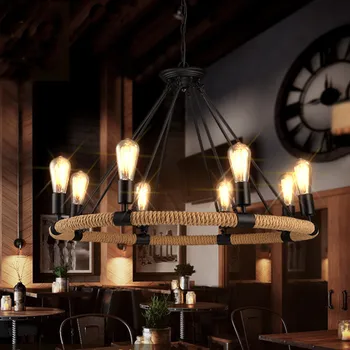 

Hanging Living Room Cafe Restaurant Decor Lamp Industrial Retro Style Hemp Rope Chandelier Lights Lighting Fixtures Lamp
