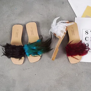 

Women Slippers 2019 Fashion Colorful Feather Slipper Peep Toe Casual pantuflas mujer dames slippers claquette femme chaussure