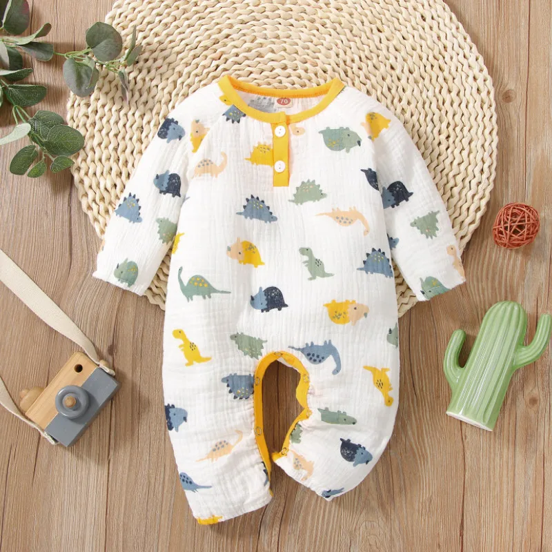 Baby Boy Romper, Dinosaur Pattern Printing Round Neck Clothing Crotch