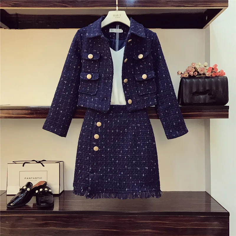 Высококачественный Женский шерстяной комплект из двух предметов, Осень-зима, новая темно-синяя Золотая кнопка, твидовая куртка и карандаш с кисточкой, комплект с юбкой