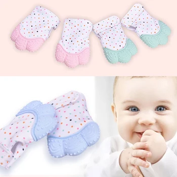 

2PCS Child Chewing Gloves Newborn Girls Boys Teething Pain Relief Adjustable Silicone Chew Sound Toys Gloves Mini Squeaky Mitten