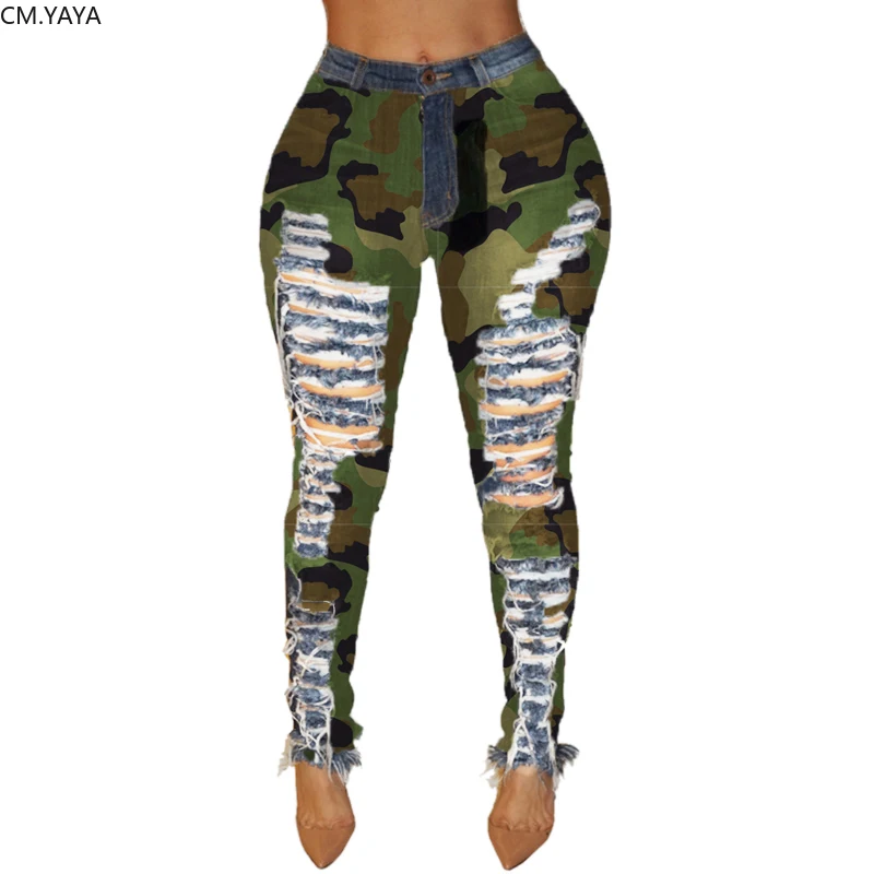 2019 New Autumn Winter Female Denim Pants Women Skinny Hole Spliced Camouflage Print Jeans Sexy pencil Bandage Trousers HSF2096 1