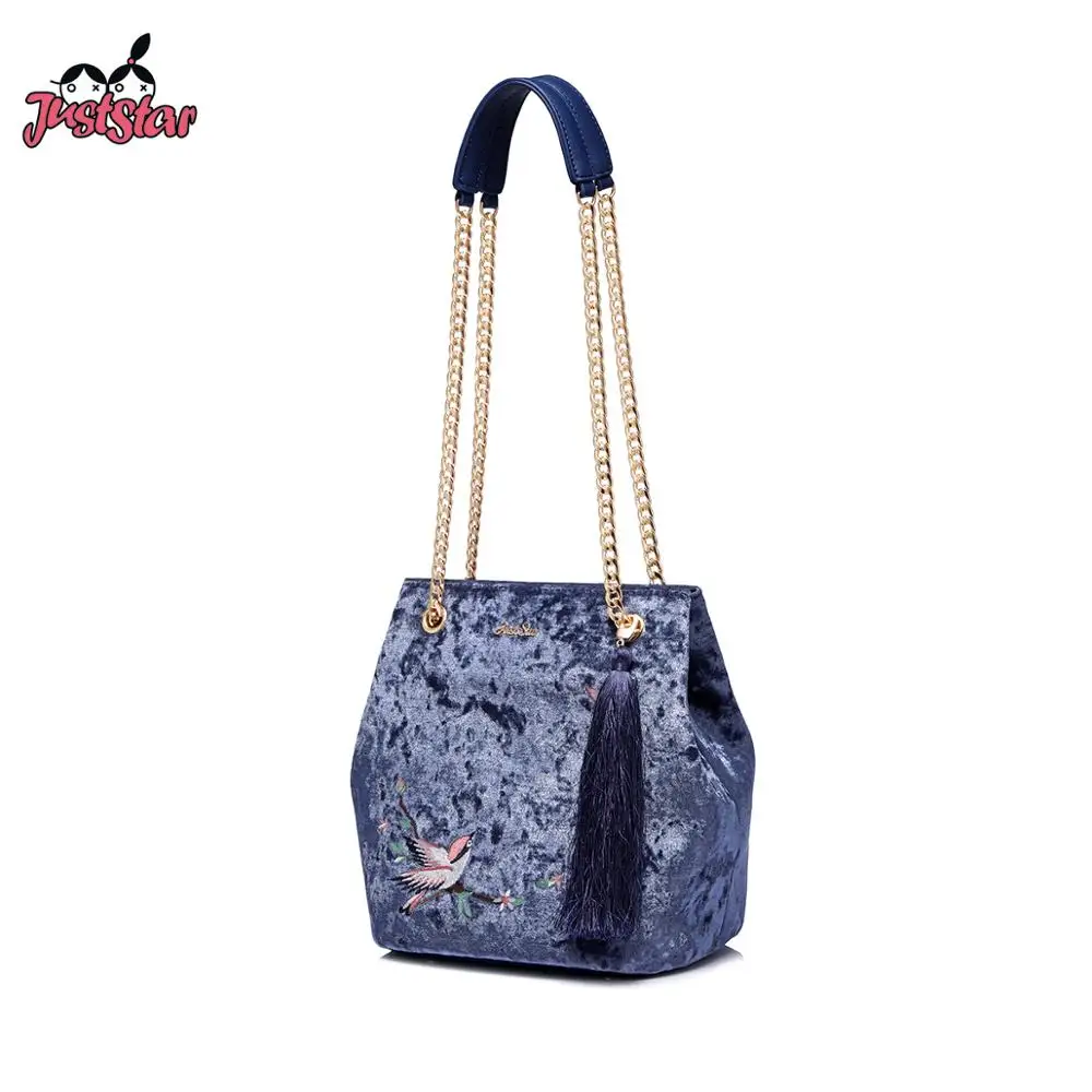 

JUST STAR Brand Velour Tote Purse Chinese Style Embroidery Birds Tassel Women's Shoulder Bags