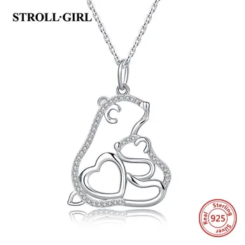 

StrollGirl 925 Sterling Silver Mom and Son Bear heart chain Animal with Clear Zircon necklace for Women fashion Jewelry Gifts