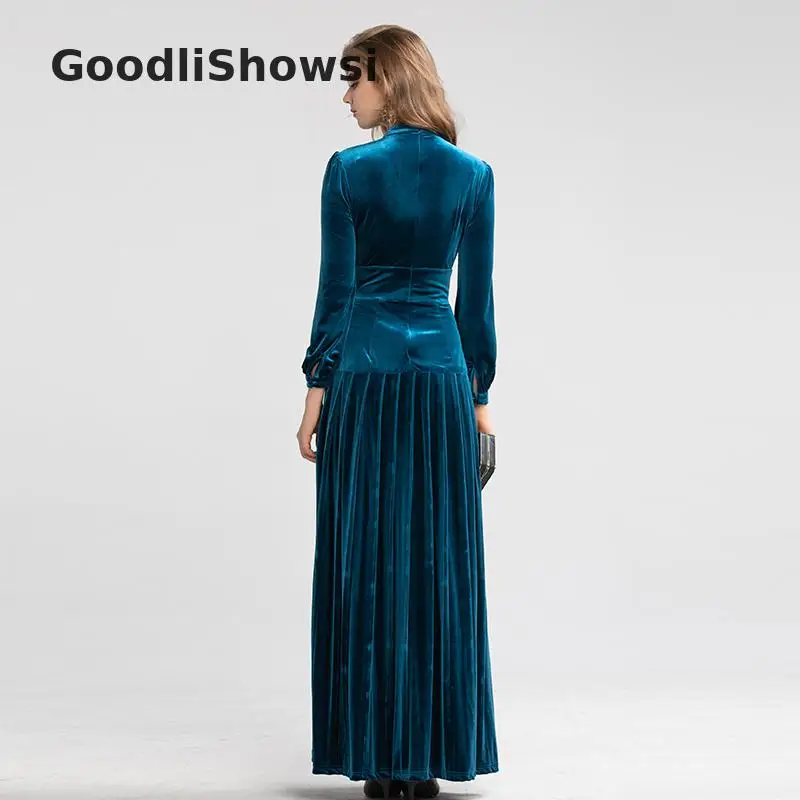 GoodliShowsi бархатное элегантное платье высокого класса, однотонное платье со стоячим воротником, длинное вечернее платье, плиссированное очаровательное женское Платье Макси