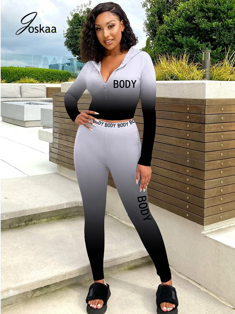 

Joskaa Fall and Winter New Women's Hooded Gradient Printed Letter Casual Tight Sports Zipper Sweatsuits Outfits Two-Piece Set