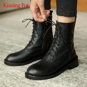 

Krazing pot vintage short boots genuine leather all-match round toe thick med heel zip cozy young lady gorgeous ankle boots L96