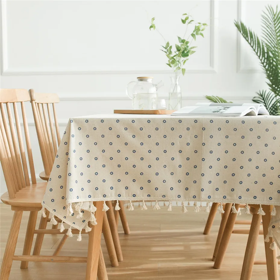 

Blue Daisy Flower Cotton Linen Tablecloth Macrame Tassel Dustproof Table Cover for Kitchen Dinning Pub Tabletop Decoration